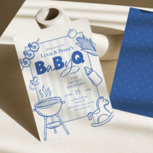 Modern Blå BBQ Par-Barnkalas Baby Shower Inbjudningar