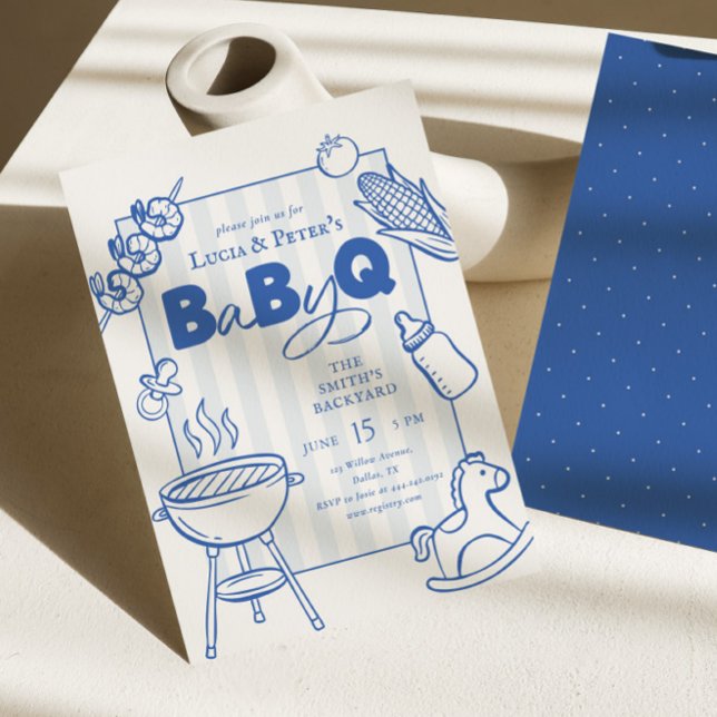 Modern Blå BBQ Par-Barnkalas Baby Shower Inbjudningar (Skapare uppladdad)