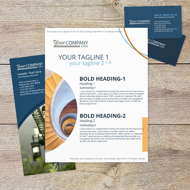 Modern blå blocktext, geometriska fotoformer reklamblad (navy blue gold yellow company branding flyer with modern block text and geometric shaped photos)