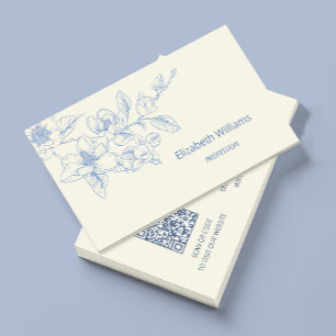 Modern Blå Blomkräm Magnolia QR-kod Visitkort