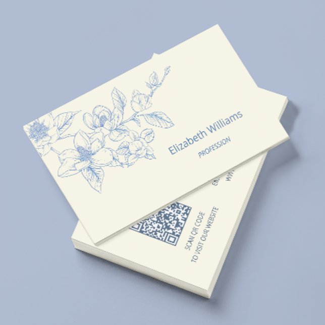 Modern Blå Blomkräm Magnolia | QR-kod Visitkort (Skapare uppladdad)