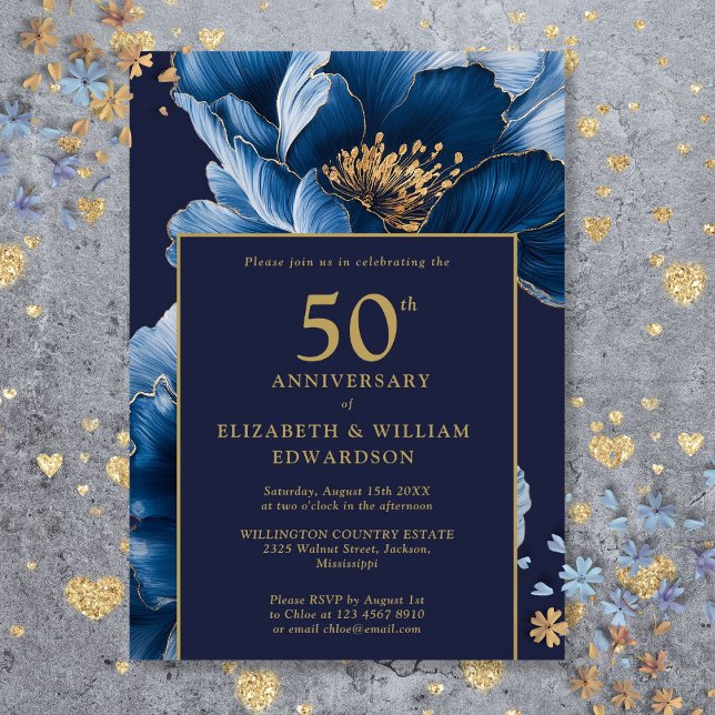 Modern Blå Blomma Elegant 50-årsjubileum Inbjudningar (Modern Navy Blue Floral Elegant 50th Anniversary Invitation)