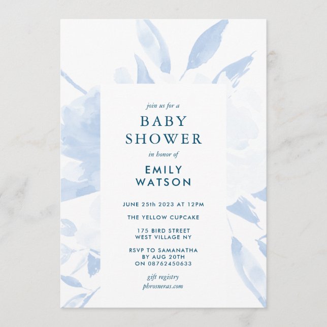 Modern Blå Blommig Akvarell Baby Shower Inbjudningar (Framsida)