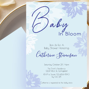 Modern Blå Blommig Bebis I Knopp Babyfirande Inbjudningar