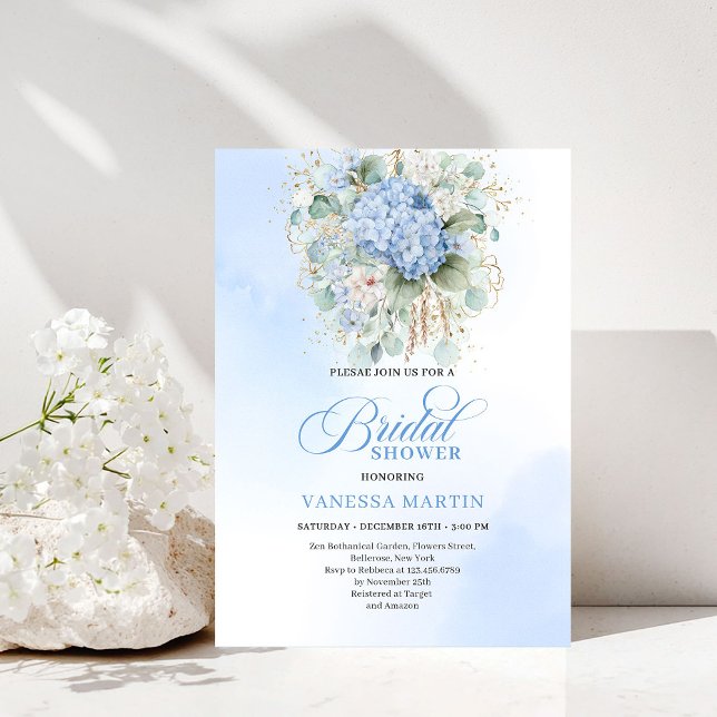 Modern Blå Blommig Bröllopsfest Guld Inbjudan (Modern Blue Floral Bridal Shower Gold Invitation)