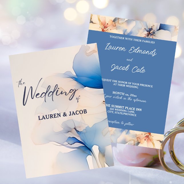 Modern Blå Blommig Bröllopsinbjudan  Inbjudningar (Modern Blue Floral Blossom Wedding Invitation)