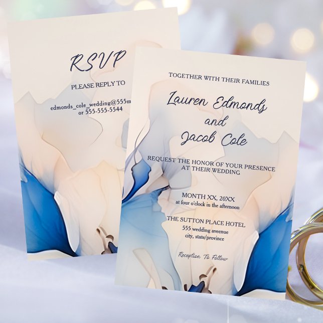Modern Blå Blommig Bröllopsinbjudan med RSVP Inbjudningar (Modern Blue Floral Wedding with RSVP Invitation)