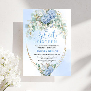 Modern Blå Blommig Eukalyptus Guld Sweet 16 Inbjud Inbjudningar