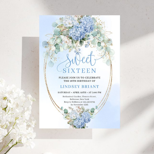 Modern Blå Blommig Eukalyptus Guld Sweet 16 Inbjud Inbjudningar (Modern Blue Floral Eucalyptus Gold Sweet 16 Invite)