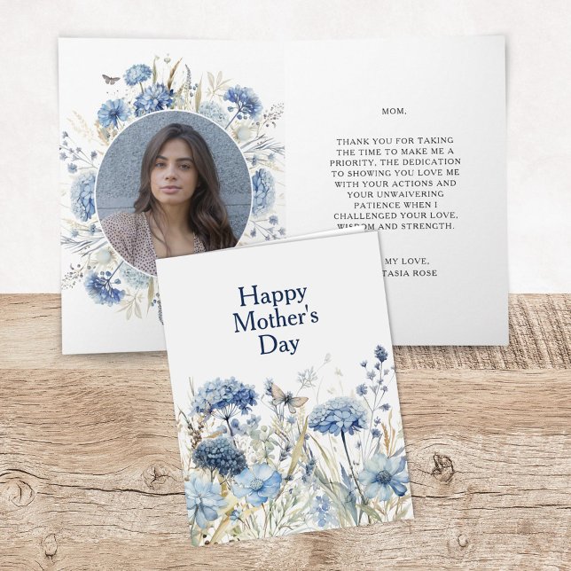 Modern Blå Blommig Foto Glad Mors Dag Kort (modern mother's day card with photo keepsake and personalized message inside)