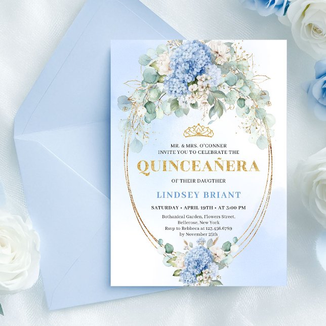 Modern Blå Blommig Guld 15-års Födelsedagsinbjudan Inbjudningar (Modern Blue Floral Gold 15th Birthday Invitation)