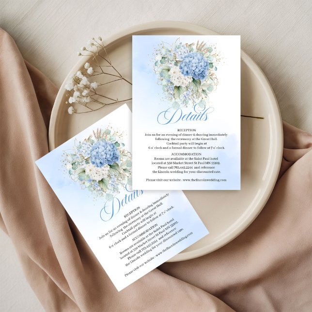Modern Blå Blommig Guld Bröllopsdetaljkort OSA Kort (Modern Blue Floral Gold Wedding details card)