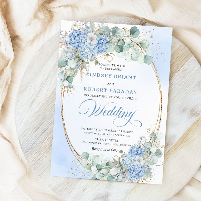 Modern Blå Blommig Guld Oval Bröllopsinbjudan Inbjudningar (Modern Blue Floral Gold Oval Wedding Invite)