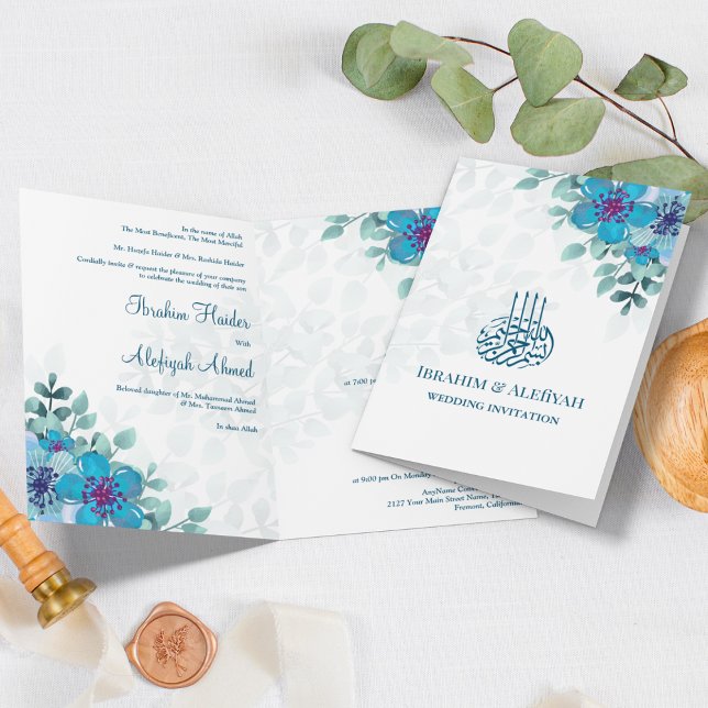 Modern Blå Blommig Islamisk Muslimsk Bröllop Inbjudan (Skapare uppladdad)