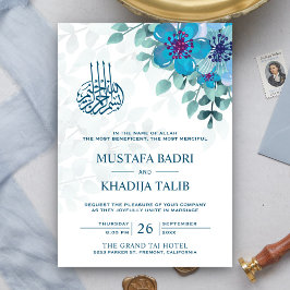 Modern Blå Blommig Islamisk Muslimsk Bröllop Inbjudningar