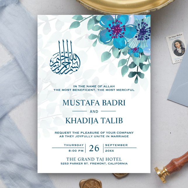 Modern Blå Blommig Islamisk Muslimsk Bröllop Inbjudningar (Skapare uppladdad)