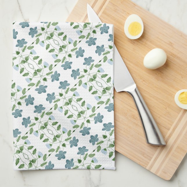 Modern blå Blommigt Kökshandduk (Vikt i Fjärdedel)