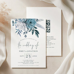 Modern blå Blommigtar QR-kod Bröllop Inbjudningar