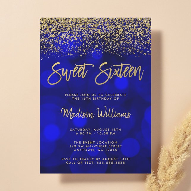 Modern Blå Bokeh Guld Glitter Sweet 16 Inbjudningar (Skapare uppladdad)