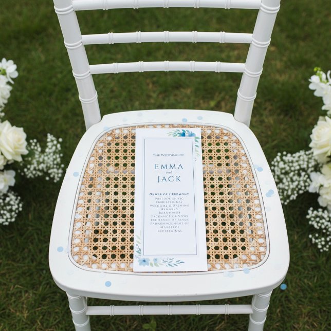 Modern blå botaniska minsta blommigt bröllop program (Modern Blue Botanical minimal floral wedding Program.)