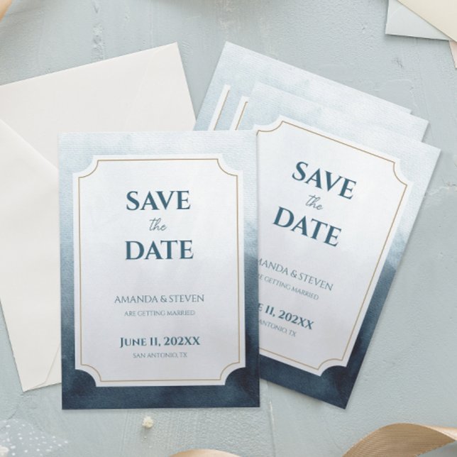Modern Blå Bröllop Spara Datumet (Modern blue abstract save the date cards)