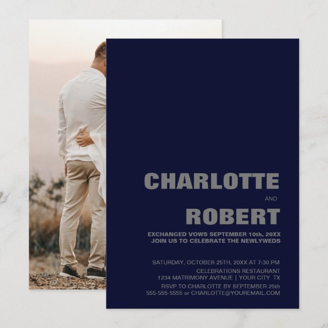 Modern Blå Bröllopsmottagning Inbjudningar (Fram/baksida)