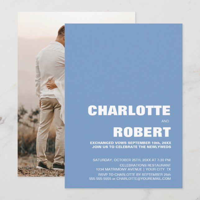 Modern Blå Bröllopsmottagning Inbjudningar (Fram/baksida)