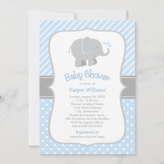 Modern Blå Elefant Baby Pojke Bebis Shower Inbjudningar (Framsida)