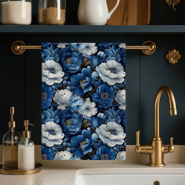 Modern Blå Elfenbensfärgad Blommig Dekorativ Köksh Kökshandduk (Modern Blue Ivory Floral Decorative Kitchen Towel)