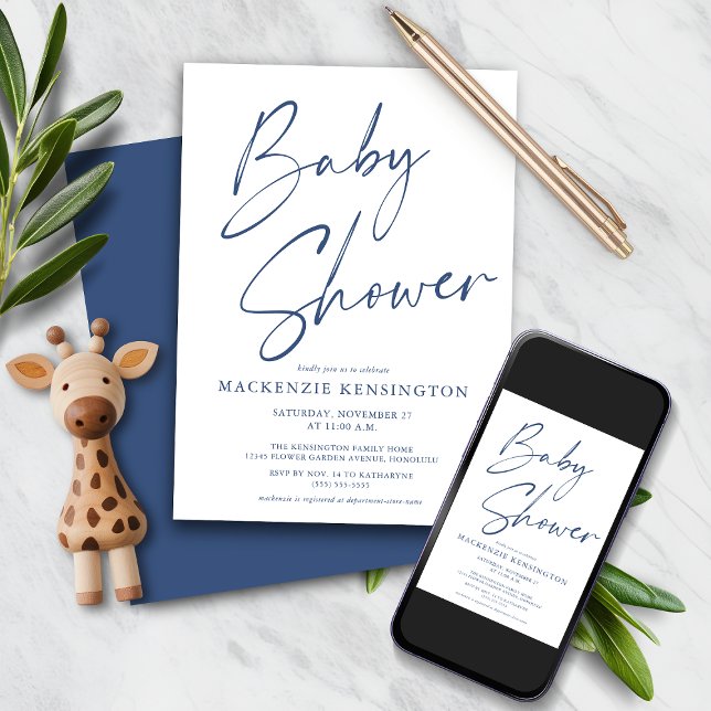 Modern blå, enkel handskriven handskriven babystöv inbjudningar (Modern Blue Simple Handwritten Script Baby Shower Invitation with Instant Download Option)