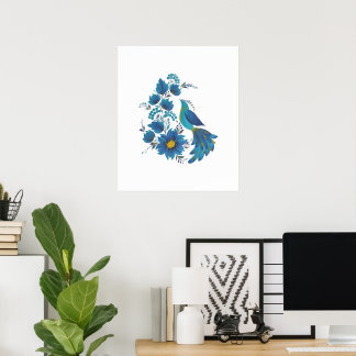 Modern Blå Fågel & Blommor Petrykivka Konsttryck Poster