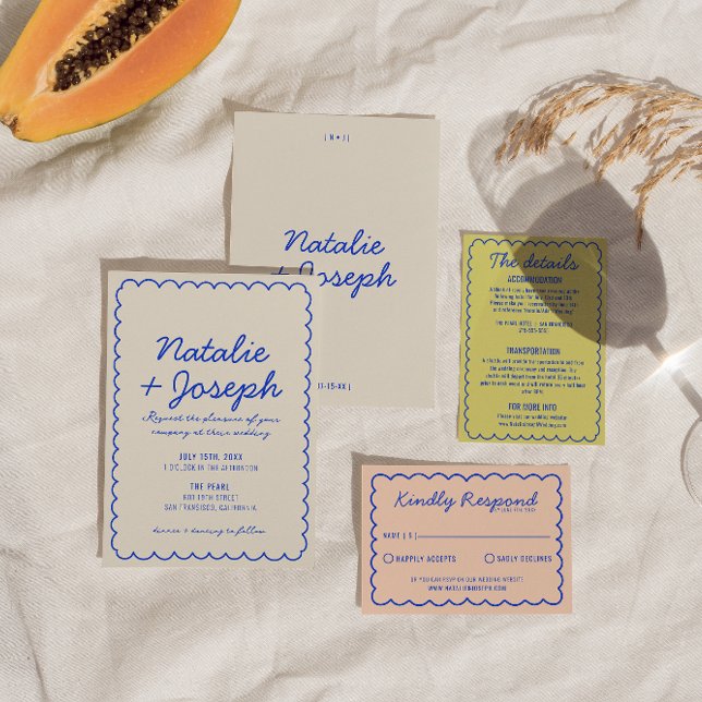 Modern Blå Färgrik Retro Kul Whimsisk Bröllop Inbjudningar (Skapare uppladdad)