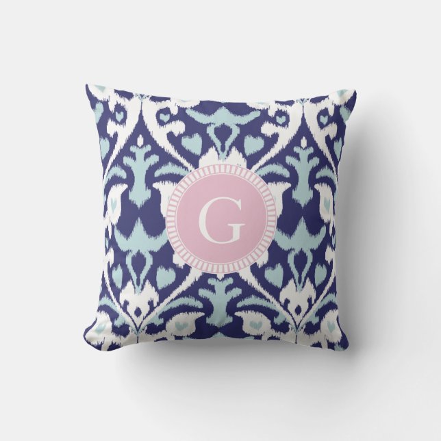 Modern blå flickaktig ikat tribal mönster monogram kudde (Framsida)