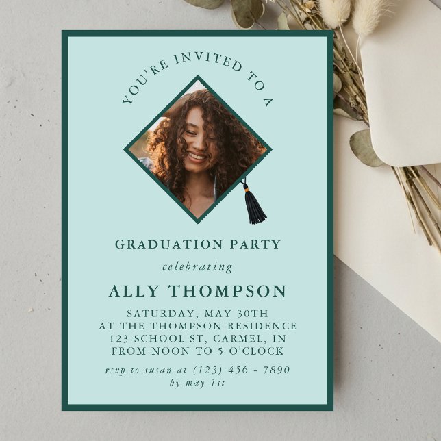 Modern blå fotoram examensfest inbjudningar (Modern Blue Photo Frame Graduation Party Invitation)