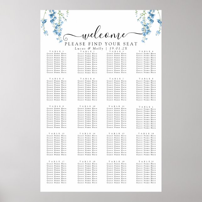 Modern Blå Fransk Blommig Bröllopsställningskarta Poster (Framsidan)