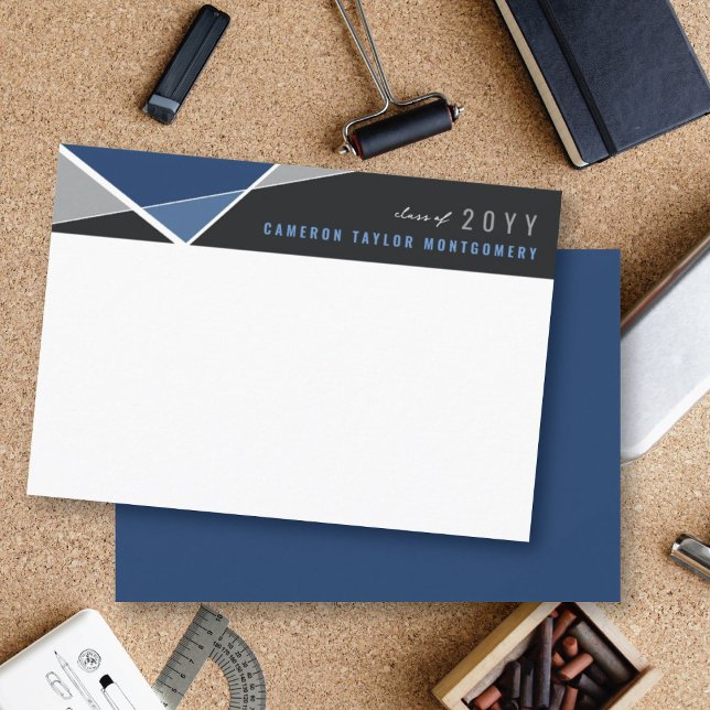 Modern Blå Geometrisk Blockkors Graduation Tack Kort (Modern Blue Geometric Color Blocks Criss Cross Graduation Thank You Card @ zazzle.com/color_therapy)