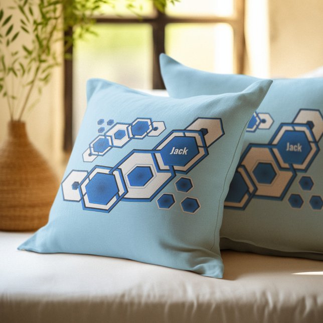 Modern blå geometrisk hexagonal Abstrakt Kudde (Skapare uppladdad)