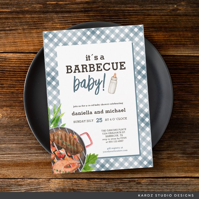 Modern Blå Gingham Grillfest Baby Shower Inbjudningar (Invite shown in 5 x 7 inches with square corner, choose size, paper and corner style before checkout)
