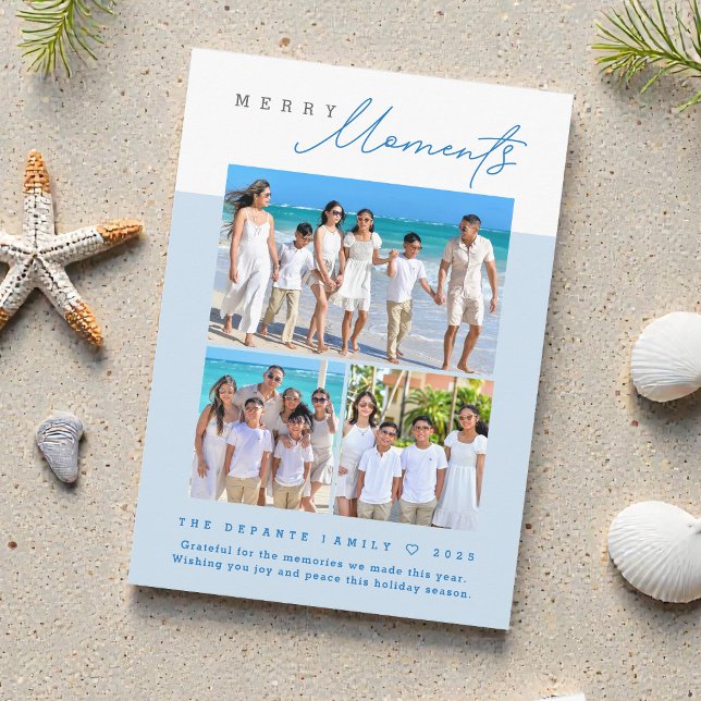 Modern blå ”Glada stunder” familjefotomontage Julkort (Family photo collage blue white Merry Moments vacation Christmas cards.)