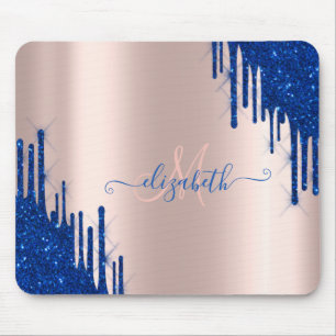 Modern blå glitterdropp roséguld monogram musmatta