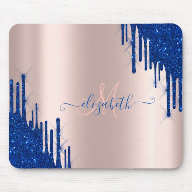 Modern blå glitterdropp roséguld monogram musmatta (Framsidan)