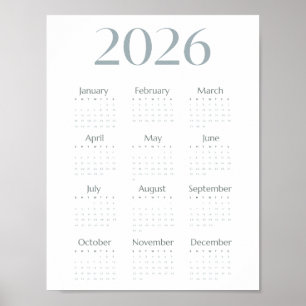 Modern Blå-Grå 2026 Kalender Enkel En-Sida Poster