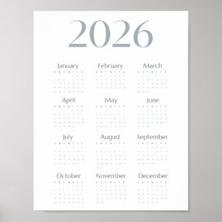 Modern Blå-Grå 2026 Kalender Enkel En-Sida  Poster