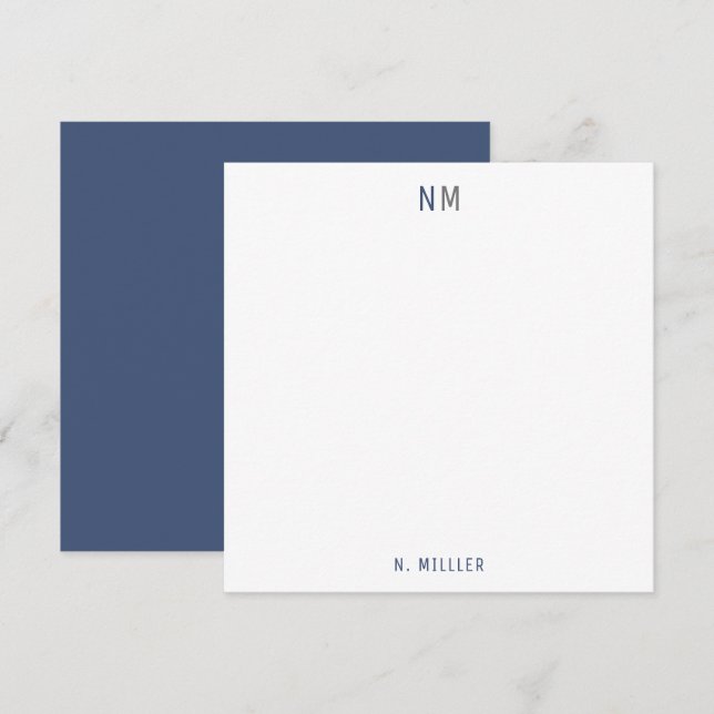 Modern blå Grått monogram två Initialer - platta Anteckningskort (Fram/baksida)
