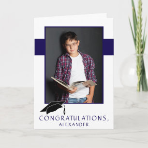 Modern blå gratulations examensfoto kort