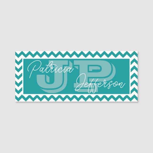 Modern Blå Grön Teal Chevron Monogram Namnbricka (Framsida)