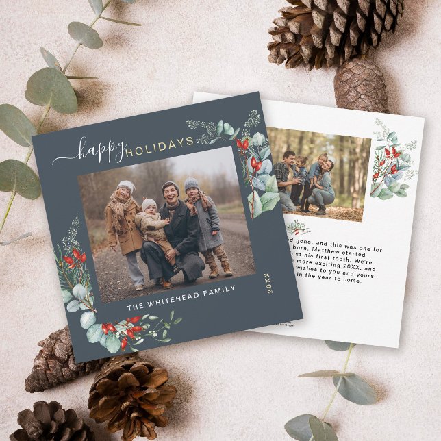 Modern Blå Grönska Botanisk Jul Foto Julkort (You will love these beautiful Christmas cards! They feature botanical watercolor pine and berries.)
