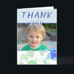 Modern blå Grönt Bubbles Kids Photo Birthday Tack Kort<br><div class="desc">Tack för att du har ett fotokort. // Detta söta och moderna kort har färgstarka tvålbubblor i blått och grönt färg, tack vare text, foto, ett meddelande till vänner och familj och namn. Anpassa kortet med det underordnade fotot för namn och det underordnade fotot - infoga något av dina underordnade...</div>