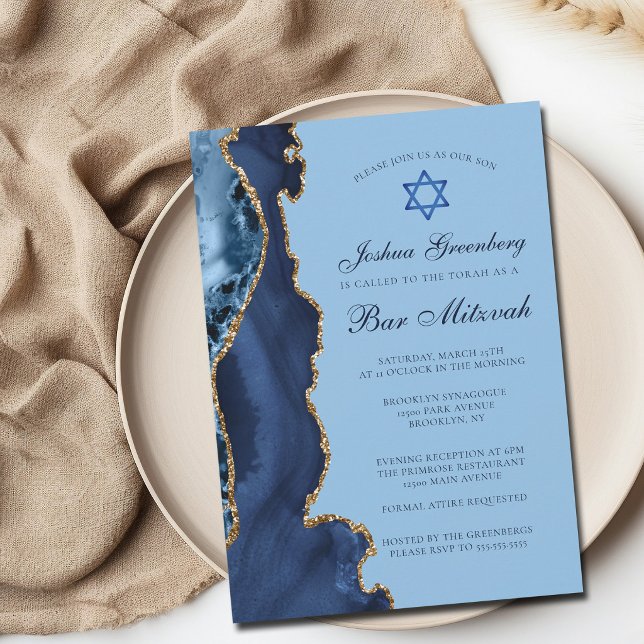 Modern blå guld agat Bar Mitzvah-fest Inbjudningar (Skapare uppladdad)
