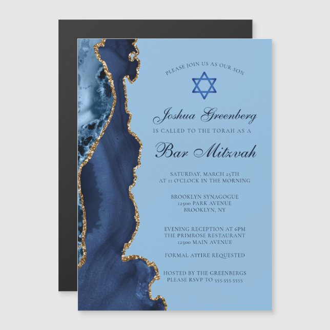 Modern blå guld agat Bar Mitzvah-fest Magnetisk Inbjudningskort (Fram/baksida)